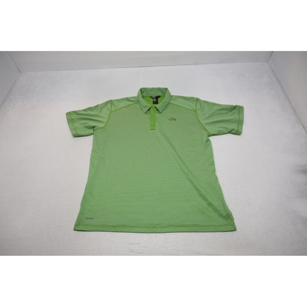 The North Face Polo Shirt Mens XL Green Striped FlashDry Activewear Short Sleeve